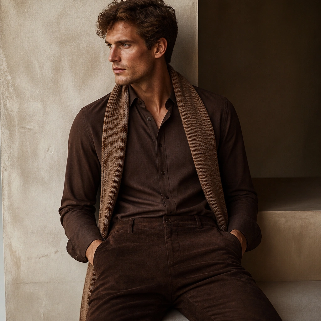 A chocolate-brown button-down paired with darker brown suede-like pants and a lighter brown knit scarf; the textures create depth with no color change.