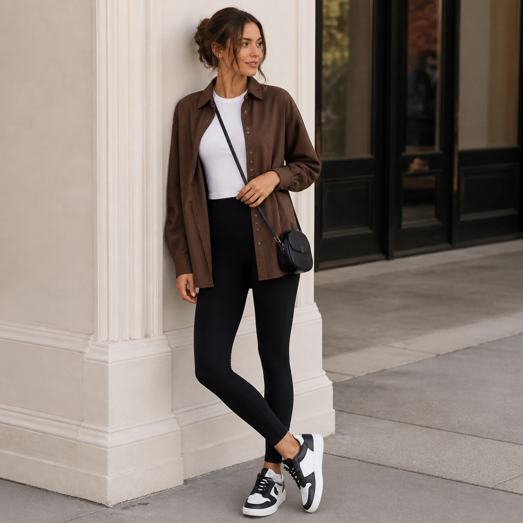 A brown button-down worn open over a fitted white crew-neck tee, styled with black leggings and a long crossbody bag; sneakers in white and black.