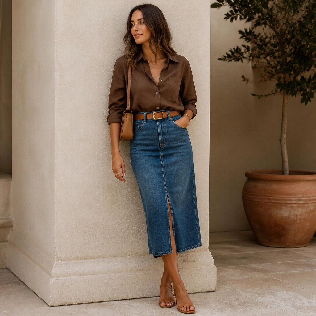 A medium-wash denim skirt with a brown button-down tucked in, cinched with a tan leather belt; the look includes tan sandals and a small shoulder bag.