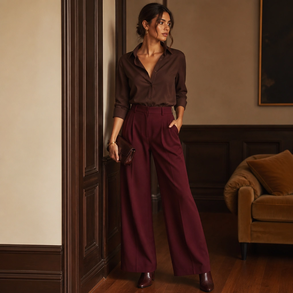 A brown button-down with slightly open collar worn with burgundy wide-leg pants; paired with ankle boots and a small clutch; warm indoor lighting makes the tones rich.