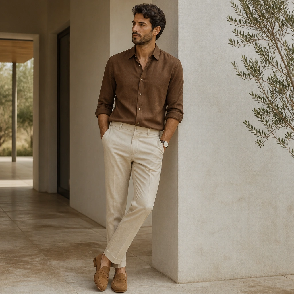 A light sand trouser worn with a warm brown button-down; sleeves rolled, shirt lightly tucked, with camel loafers and a minimal leather watch.