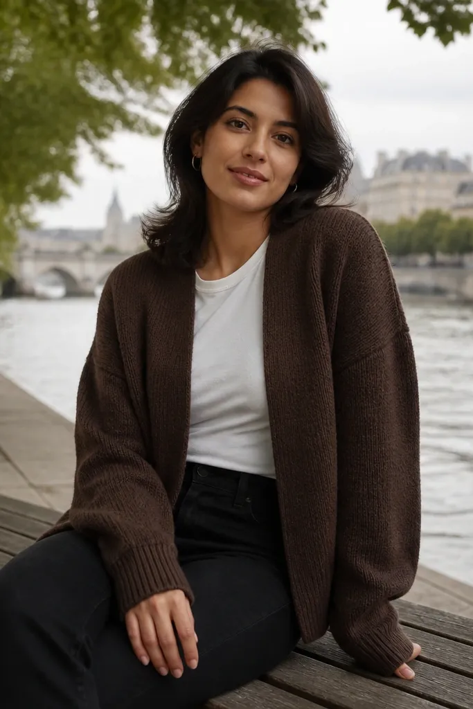 Chocolate cardigan over a white tee with black straight jeans and brown Chelsea boots