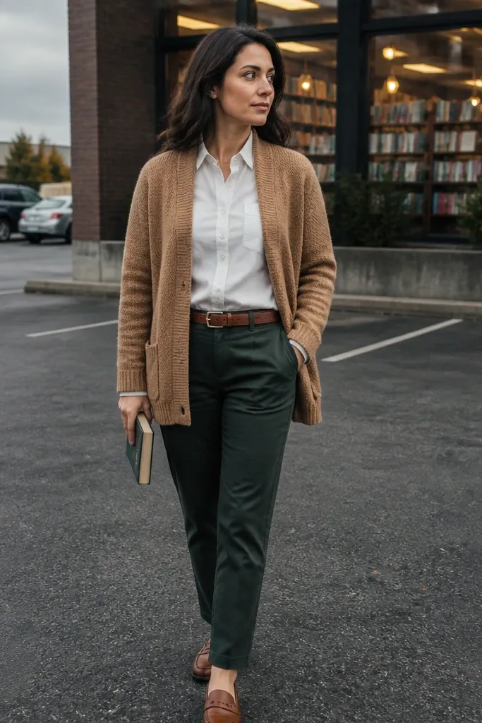 Camel cardigan over a cream button-down with dark green chinos and tan loafers
