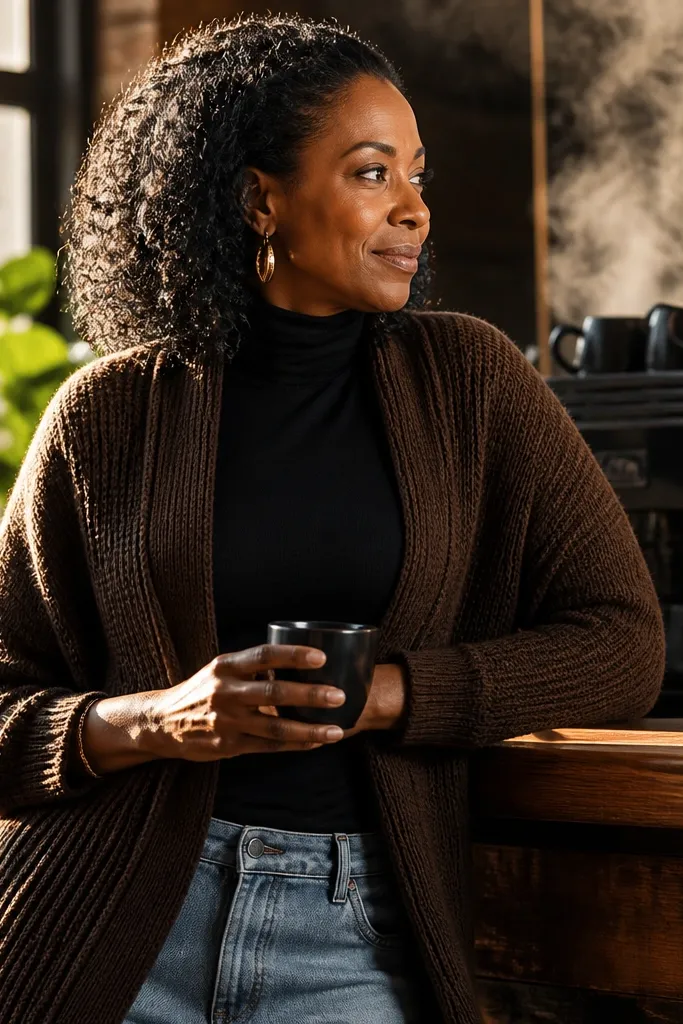 Espresso cardigan over a black turtleneck with light-wash jeans and dark brown boots