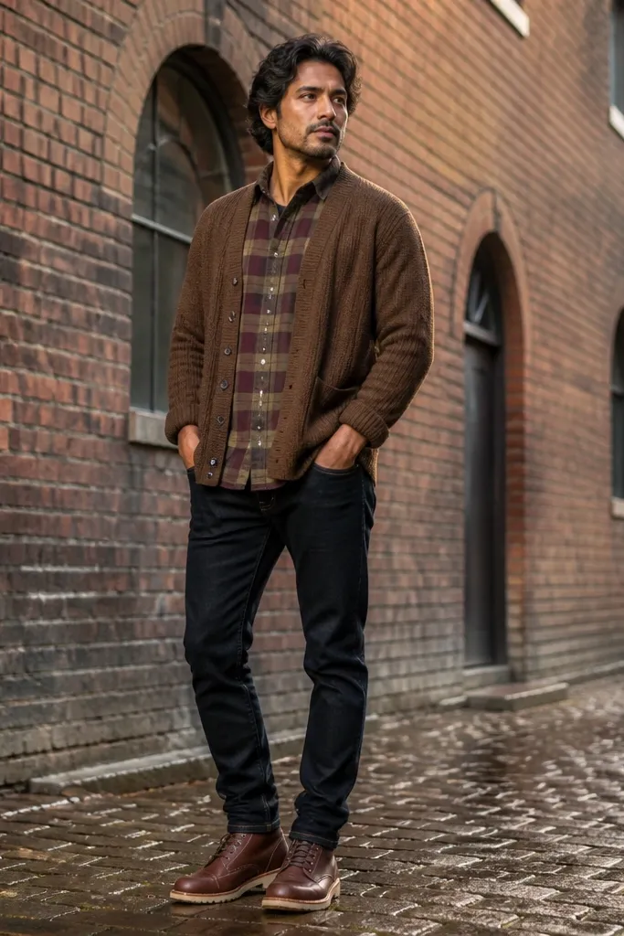 Brown cardigan over a plaid overshirt with dark jeans and brown lace-up shoes