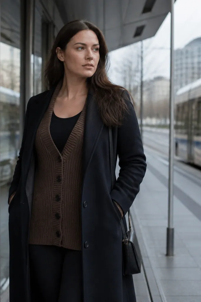Ribbed brown cardigan over black leggings with a long black coat and ankle boots