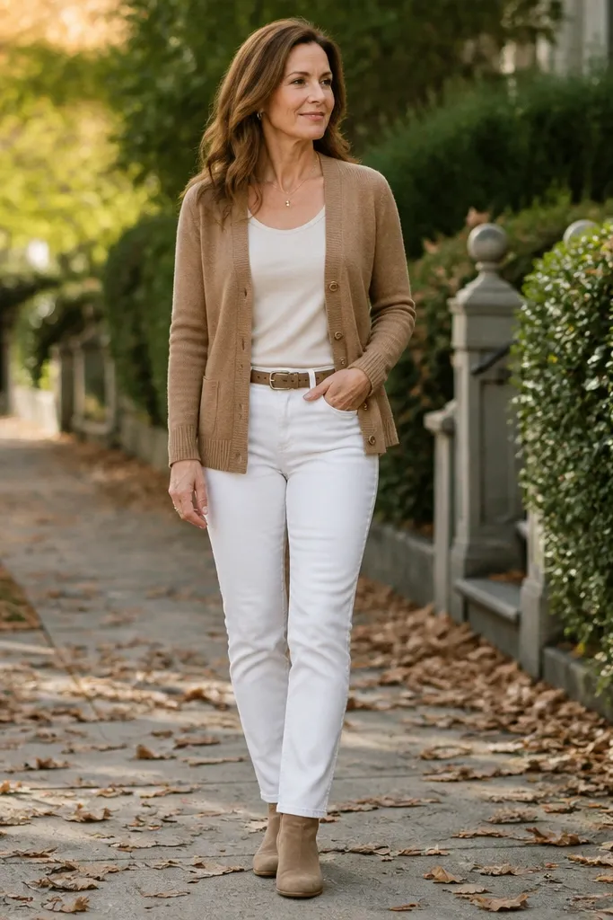 Light brown cardigan over a cream tee with white jeans and tan belt