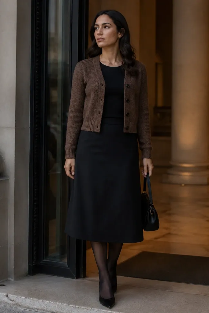 Brown cardigan over a black top with black midi skirt and sheer tights