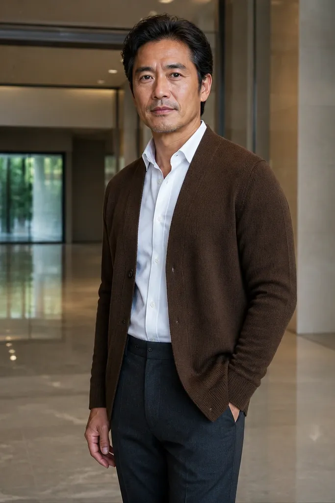 Brown cardigan over a white shirt with charcoal trousers and dark leather loafers