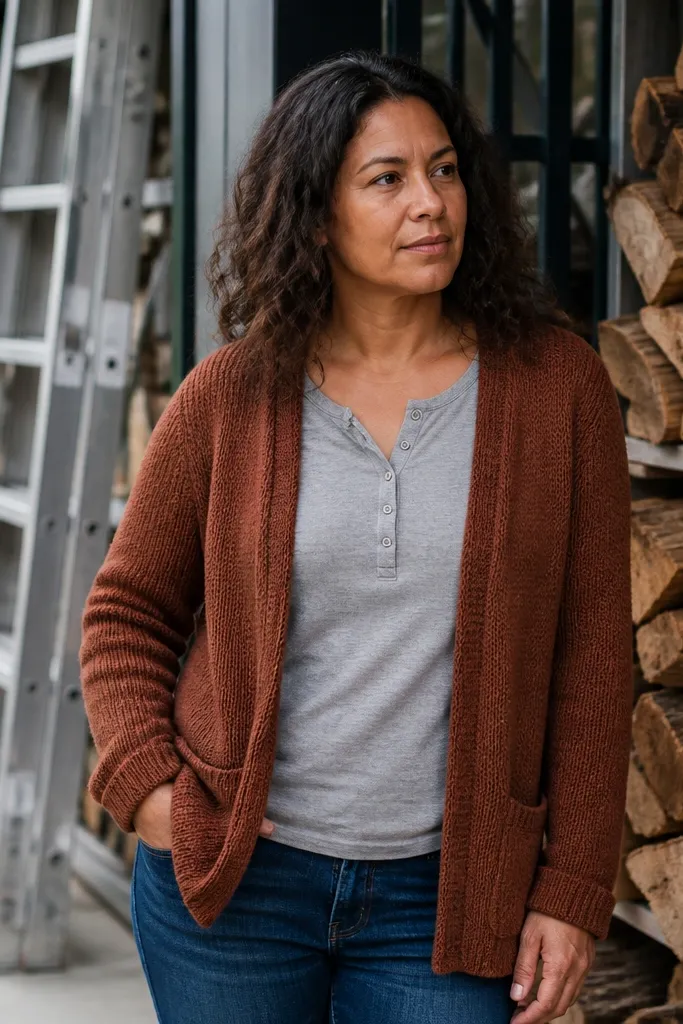 Burnt umber cardigan over a gray henley with indigo jeans and brown sneakers