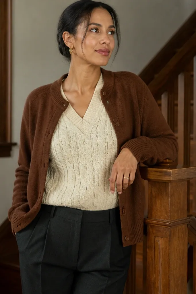Brown cardigan over a cream cable-knit vest with dark trousers and loafers
