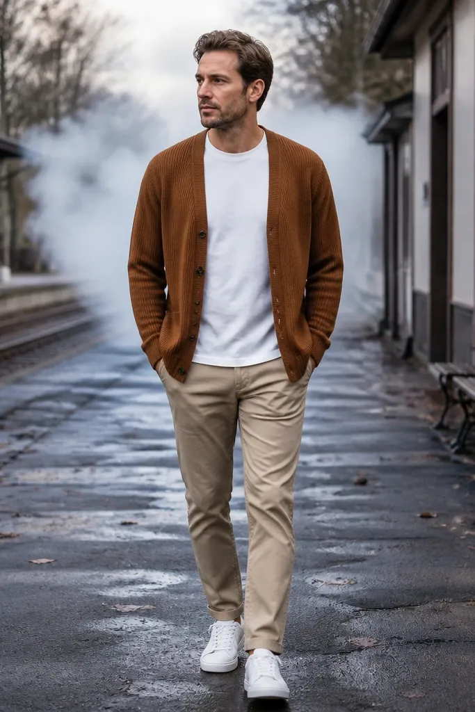 Cognac cardigan over a white tee with tan chinos and white sneakers
