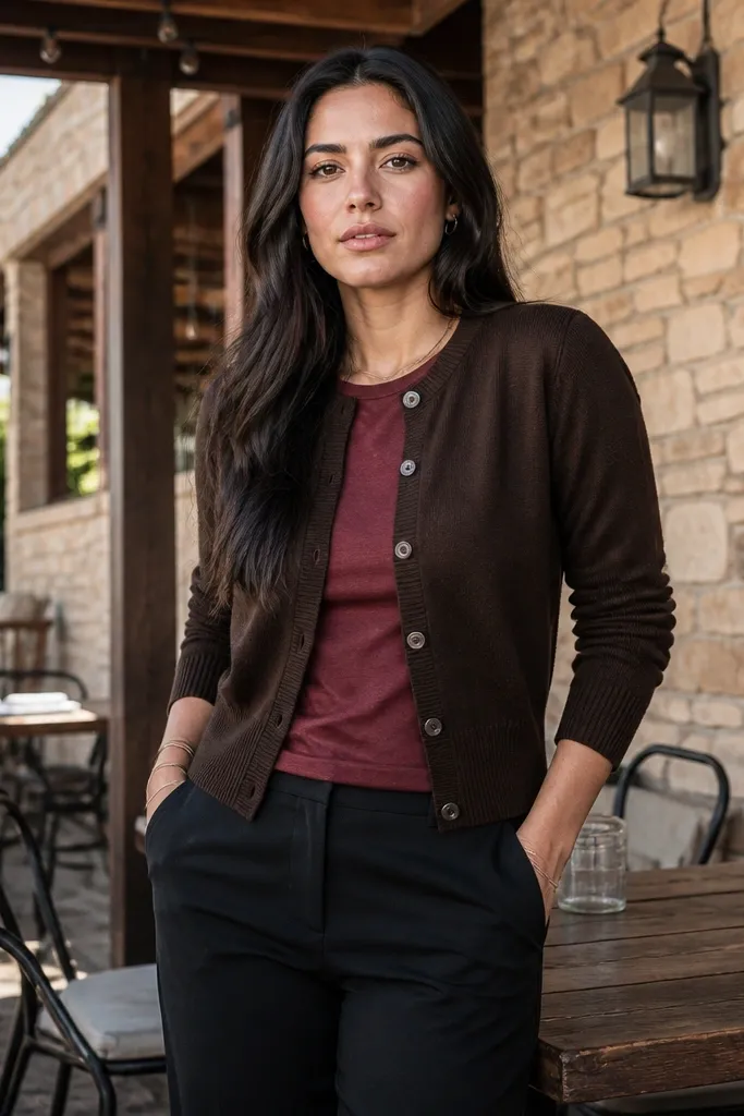 Dark brown cardigan over a burgundy t-shirt with black chinos and dark loafers