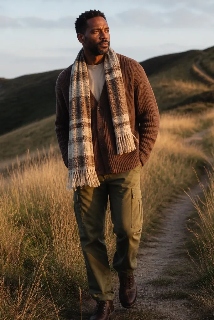 Brown cardigan over a neutral tee with olive utility pants and a striped scarf