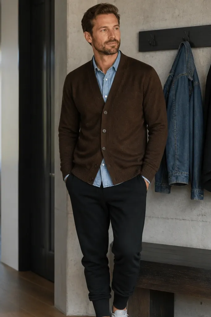 Cocoa cardigan over a denim shirt with black joggers and white sneakers