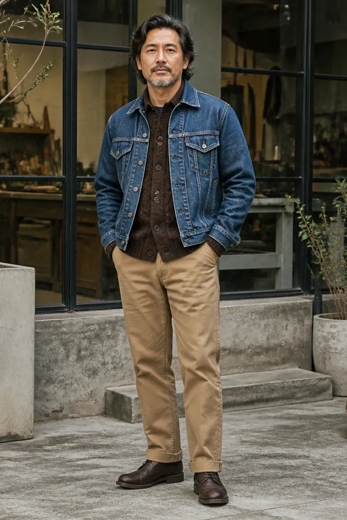 Dark brown cardigan layered under a blue denim jacket with tan chinos