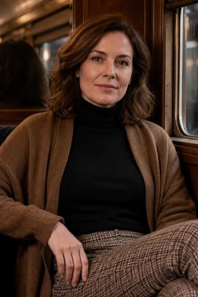 Brown cardigan over a black turtleneck with plaid trousers and dark boots
