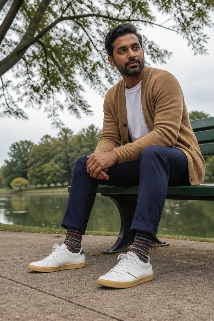 Tan cardigan over a white tee with navy trousers and brown shoes