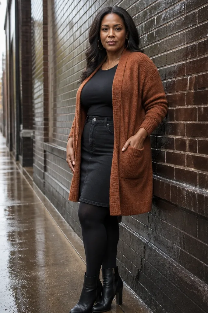 Rust-brown cardigan over a black top with black denim skirt and ankle boots