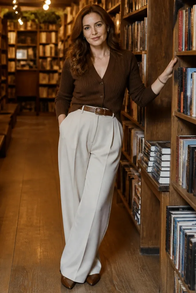 Chocolate cardigan over cream wide-leg pants with a cognac belt and tan loafers