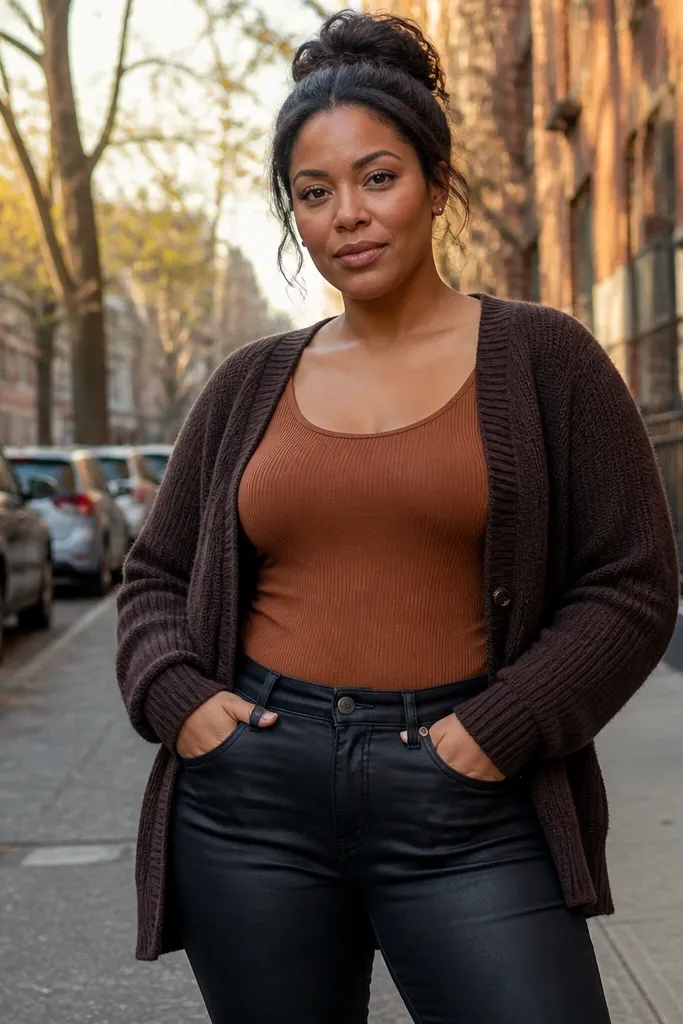 Rust top under a chocolate cardigan with black skinny jeans and black ankle boots
