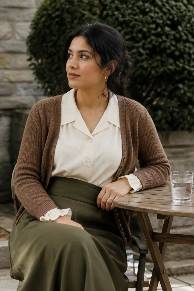 Brown cardigan over a cream blouse with an olive midi skirt and tan flats