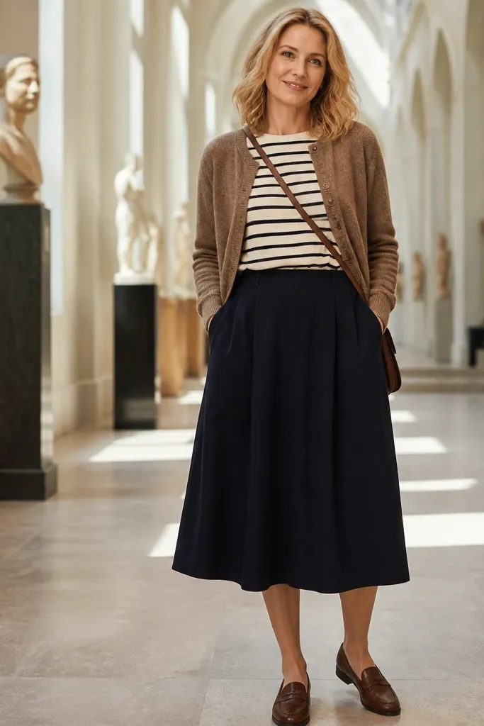 Brown cardigan over a striped tee with a navy midi skirt and white sneakers