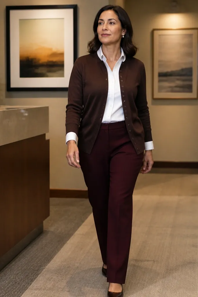 Chocolate cardigan over a white button-down with burgundy trousers and brown loafers