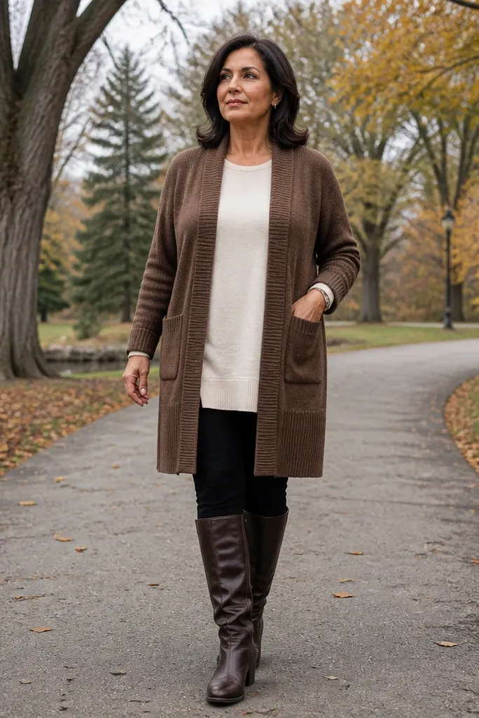 Brown cardigan over a longer tunic with black leggings and tall boots