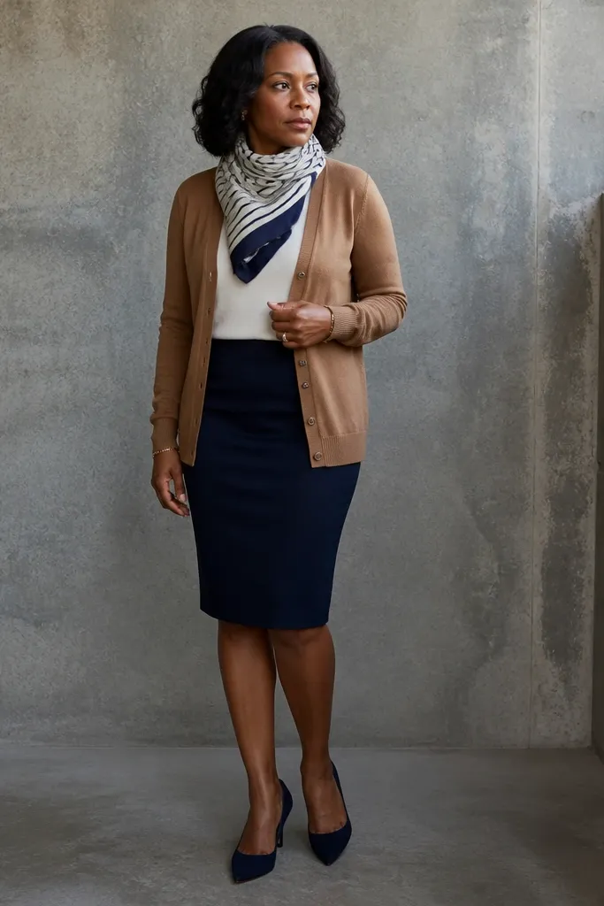 Camel cardigan over a white top with a navy pencil skirt and a striped scarf