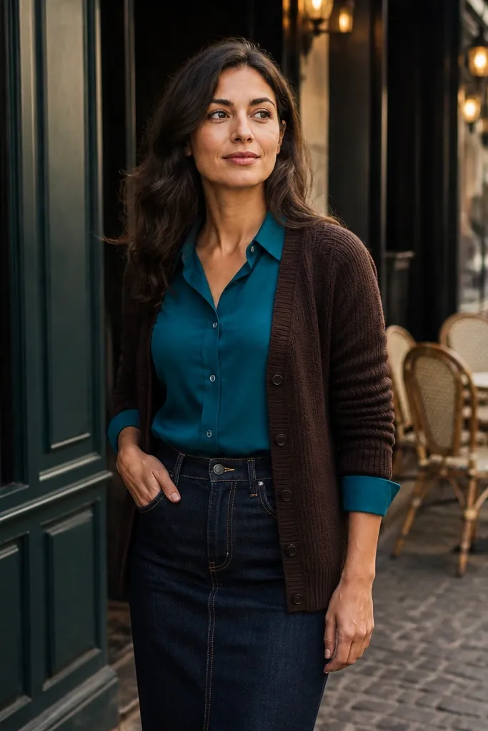 Chocolate cardigan over a teal blouse with a dark denim skirt and brown ankle boots