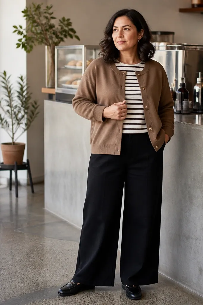 Toffee cardigan over a striped tee with black wide-leg trousers and black loafers