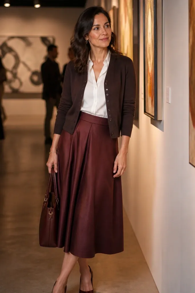 Chocolate cardigan over a white blouse with a burgundy midi skirt and brown heels