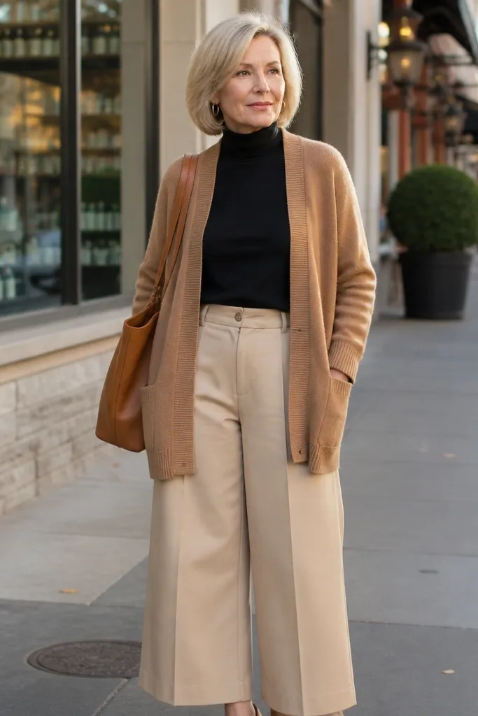 Camel cardigan over a black turtleneck with beige culottes and tan ankle boots