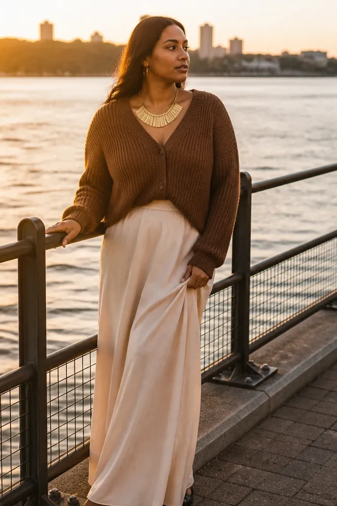 Brown cardigan over a cream maxi skirt with a gold statement necklace and tan sandals