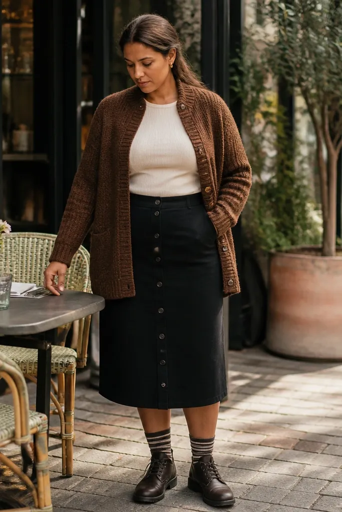 Brown cardigan over a top with a black button-front skirt and ankle boots