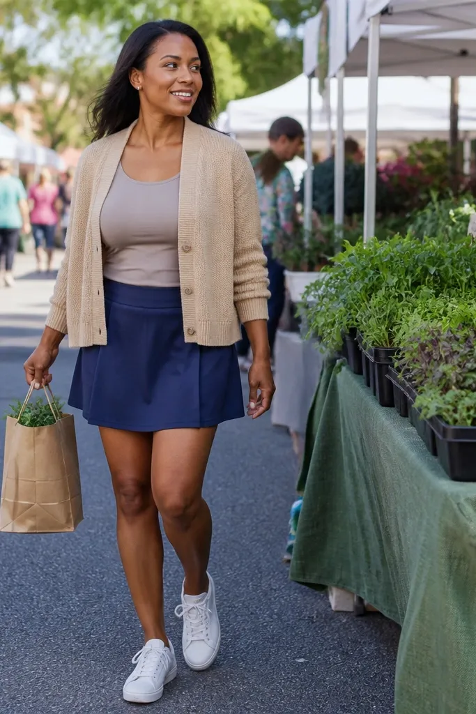 Camel cardigan over a fitted top with a navy athletic skirt and white sneakers