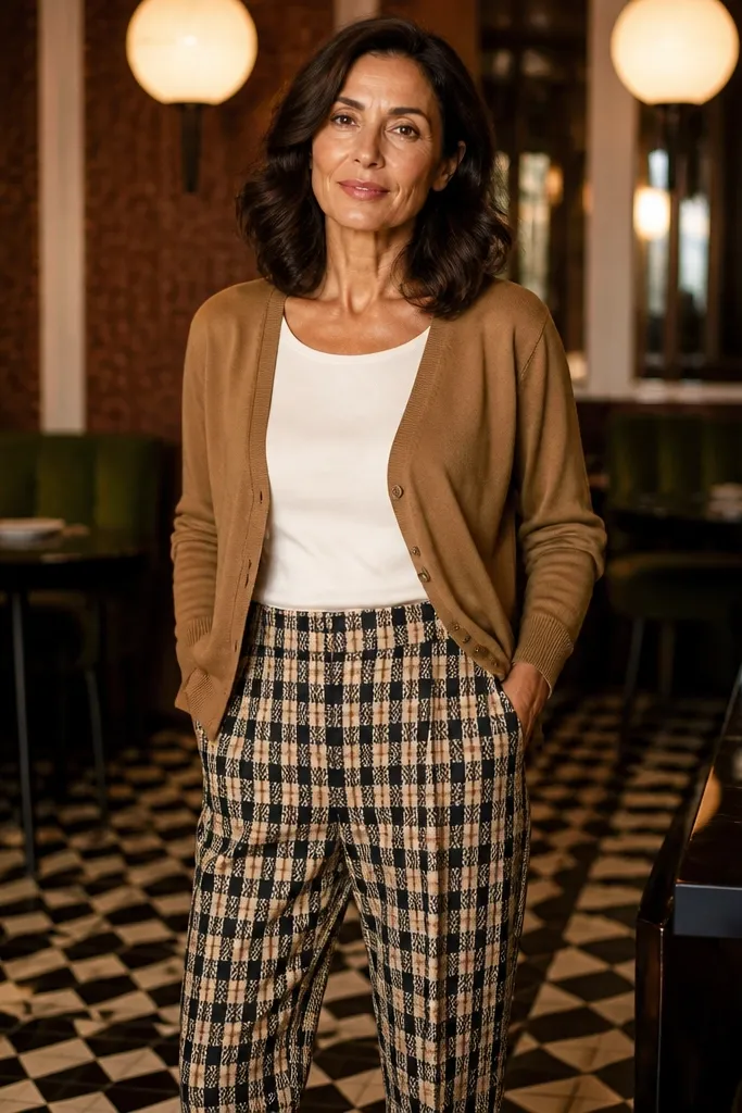 Toffee cardigan with black-and-cream check pants and black loafers