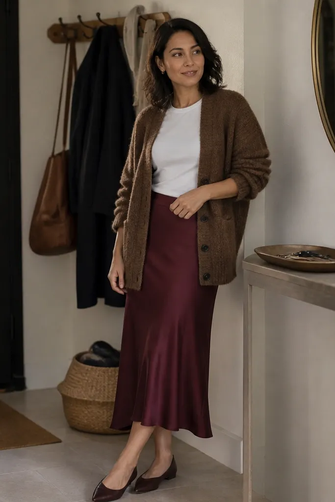 Brown cardigan over a white tee with a burgundy midi slip skirt and heeled sandals