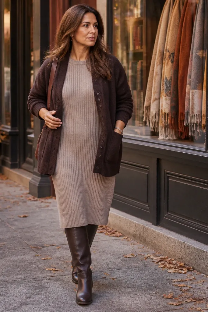 Chocolate cardigan worn over a beige sweater dress with knee-high boots
