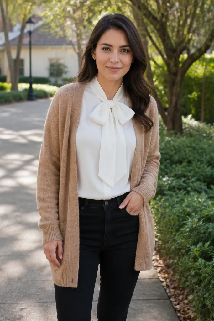 Camel cardigan over a white blouse with a bow and black jeans with tan flats