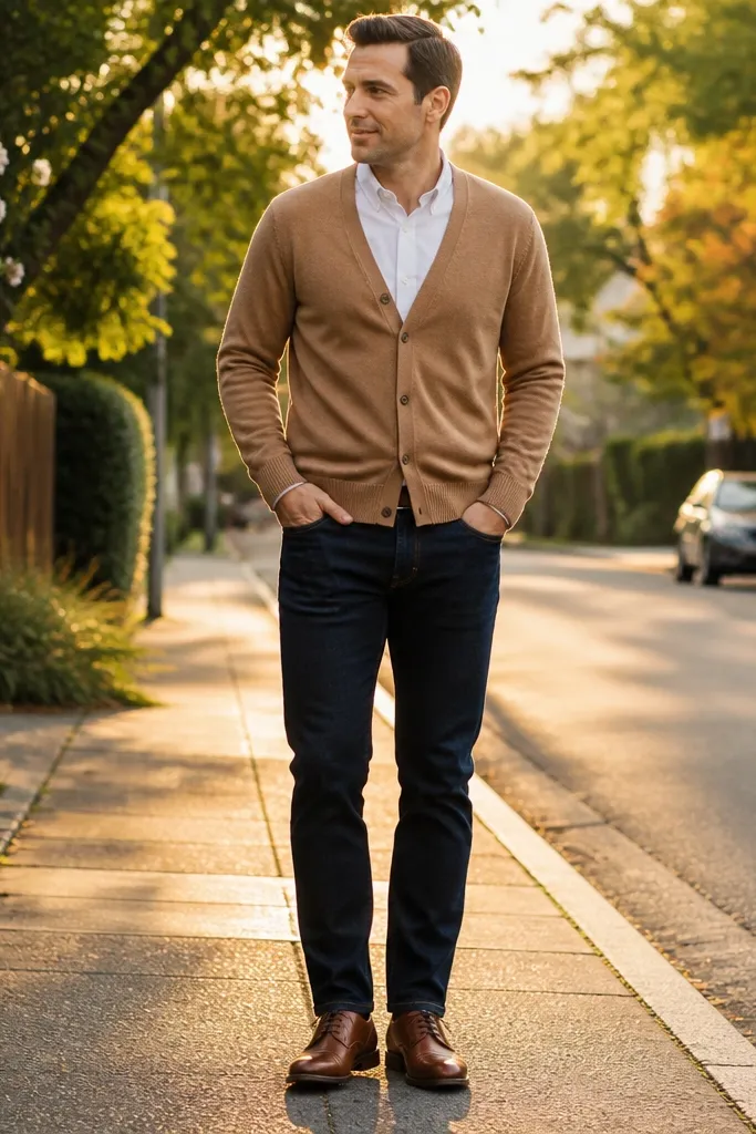 Camel cardigan over a white shirt with dark straight jeans and brown leather boots