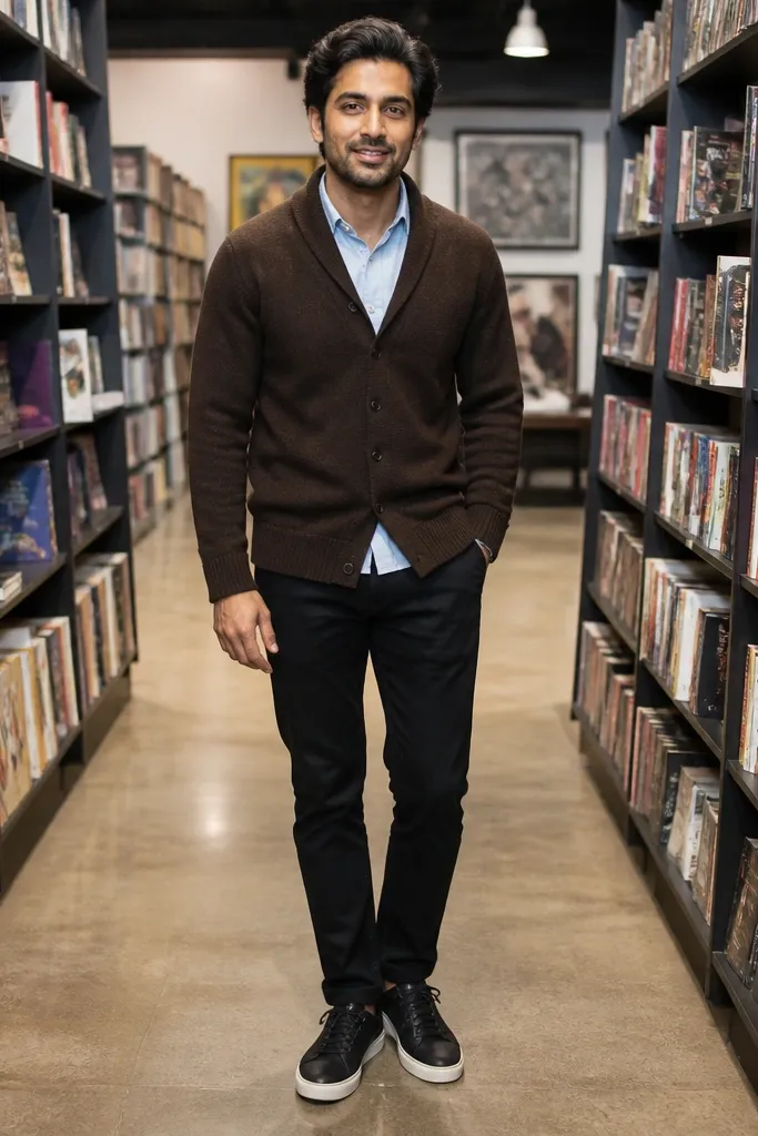 Chocolate cardigan over light blue shirt with black chinos and dark brown loafers