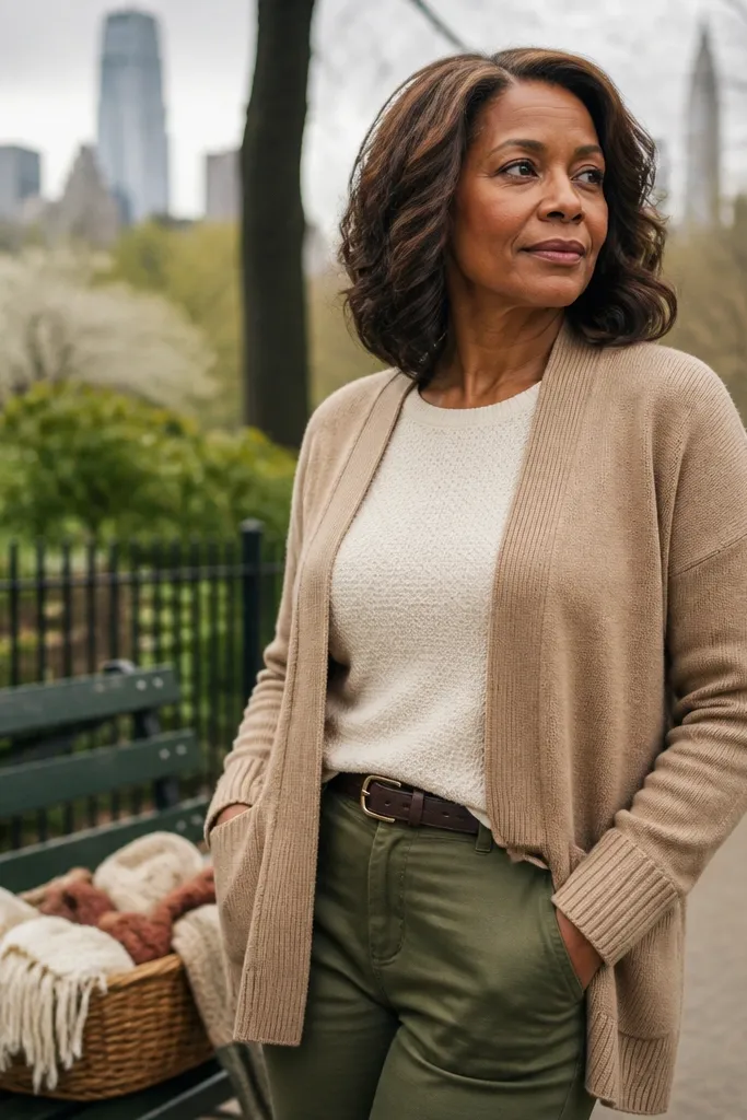 Tan cardigan over cream tee with olive trousers and white sneakers