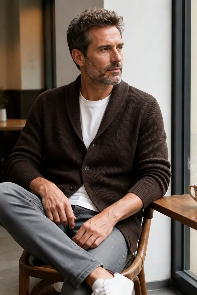 Espresso cardigan over white tee with gray tapered jeans and brown sneakers