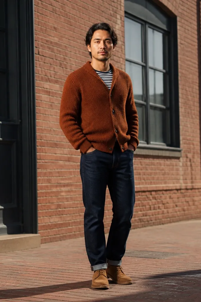 Rust-brown cardigan over striped shirt with dark indigo jeans and tan boots
