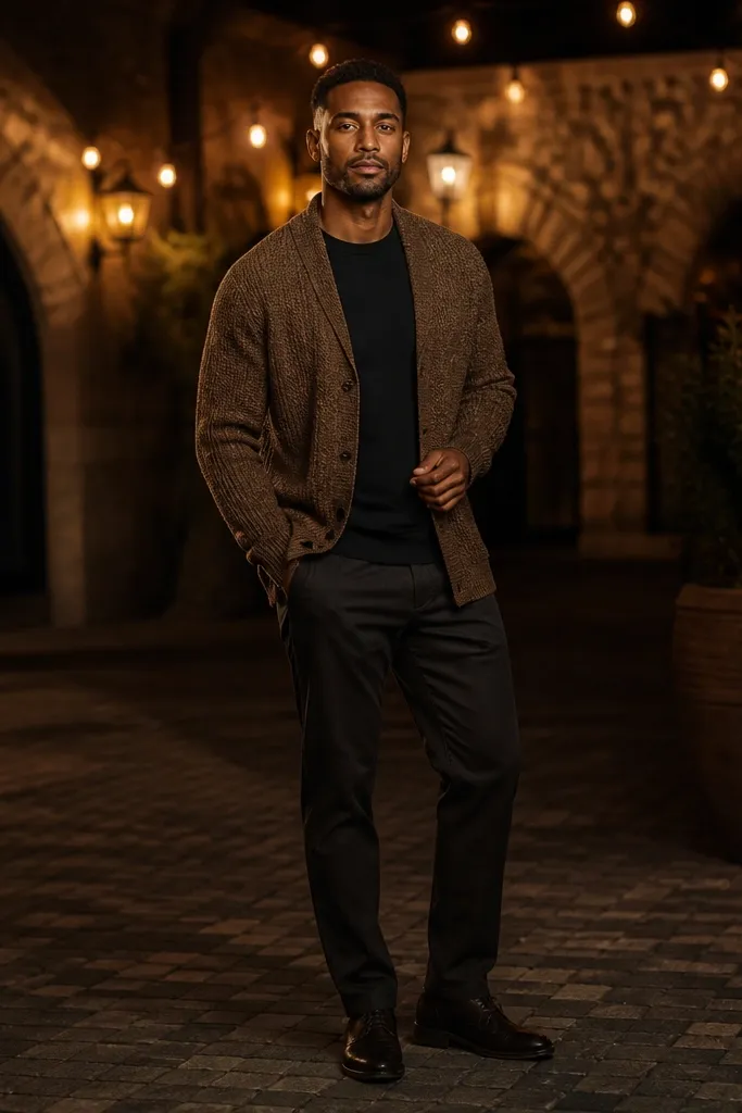 Walnut cardigan over black crewneck with charcoal chinos and black leather shoes