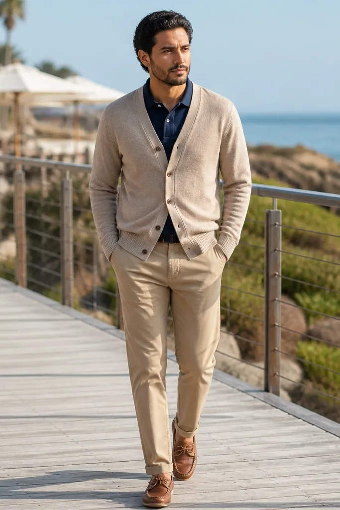 Light tan cardigan over navy polo with khaki chinos and brown boat shoes