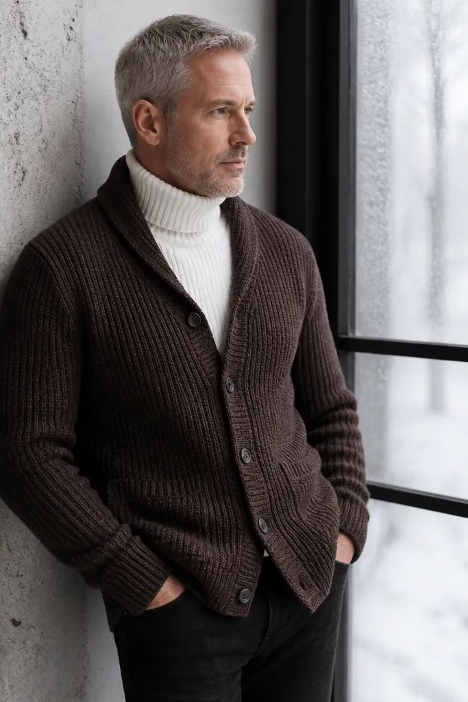 Dark brown cardigan over white turtleneck with black jeans and dark brown Chelsea boots