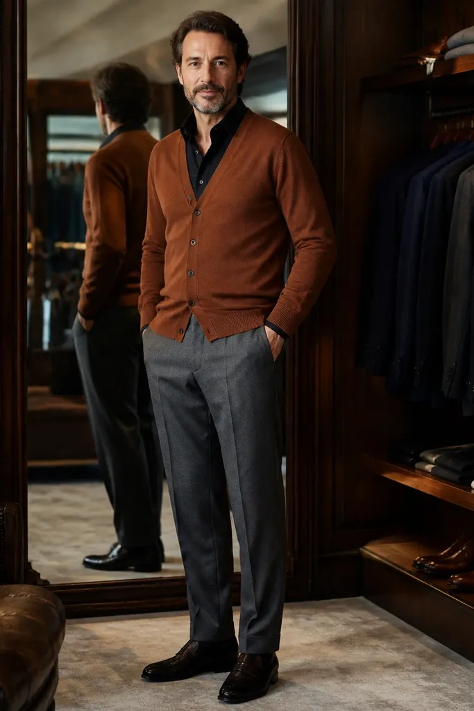 Sienna cardigan over black button-up with gray wool trousers and dark loafers